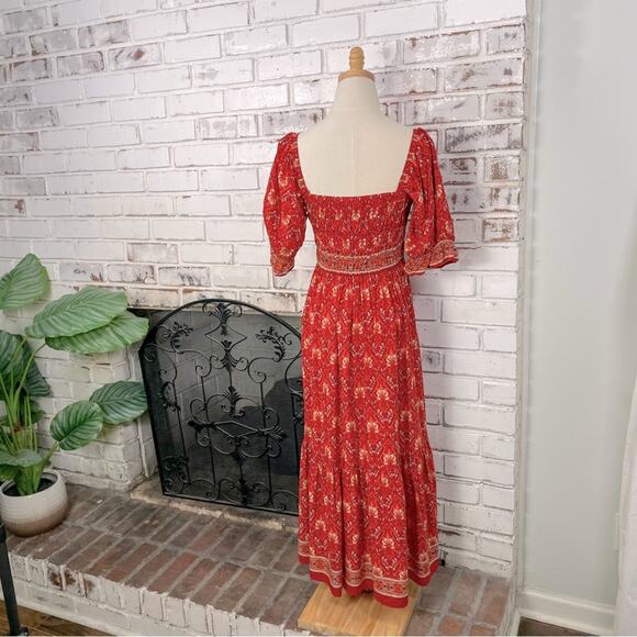 Red Bright Boho Floral Puff Shoulder Smocked Top Ruffle Hem Midi Dress L - Picture 6 of 9